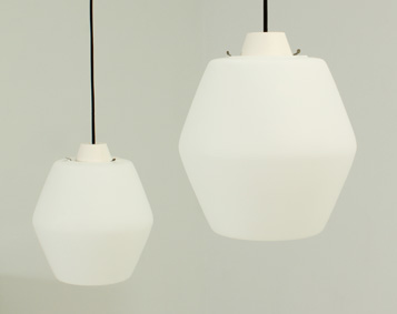 PAIR OF WHITE OPALINE GLASS PENDANT LAMPS, FRANCE, 1950's